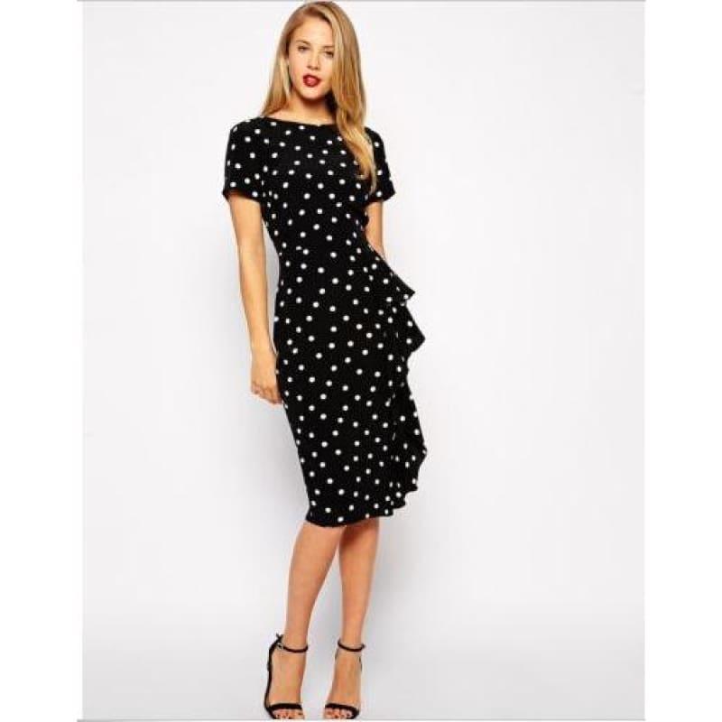 Short Sleeve Wear to Work Vintage Polka Dot Pencil Midi Dress - Black dot / L - midi dress