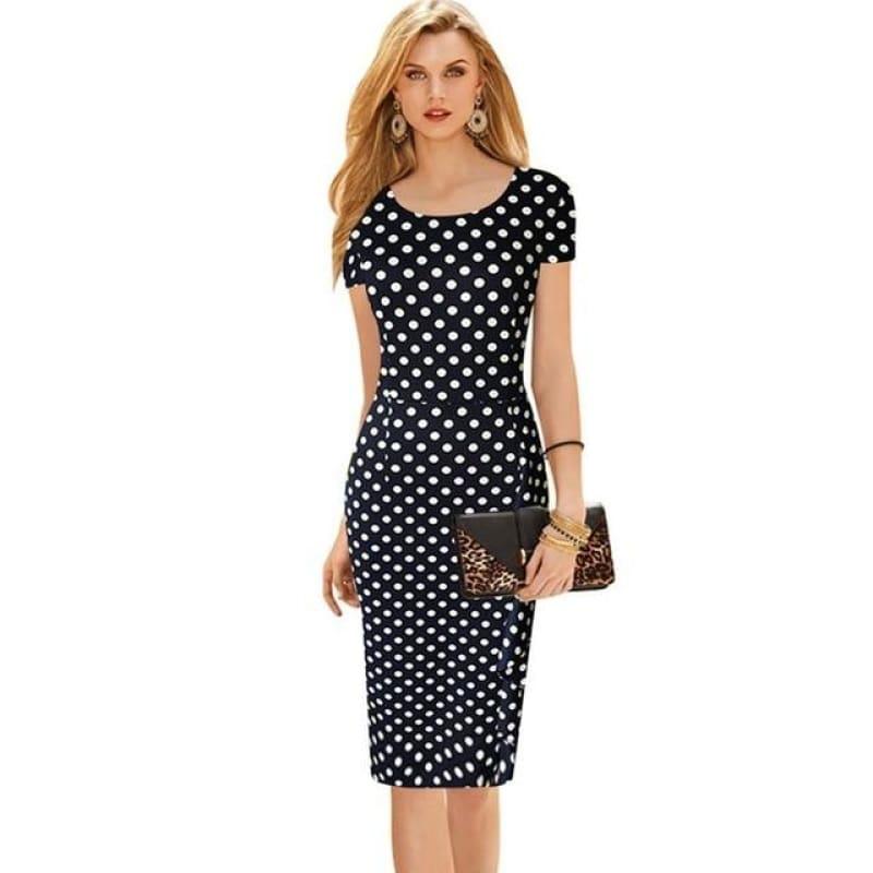 Short Sleeve Wear to Work Vintage Polka Dot Pencil Midi Dress - Dark blue dot / L - midi dress