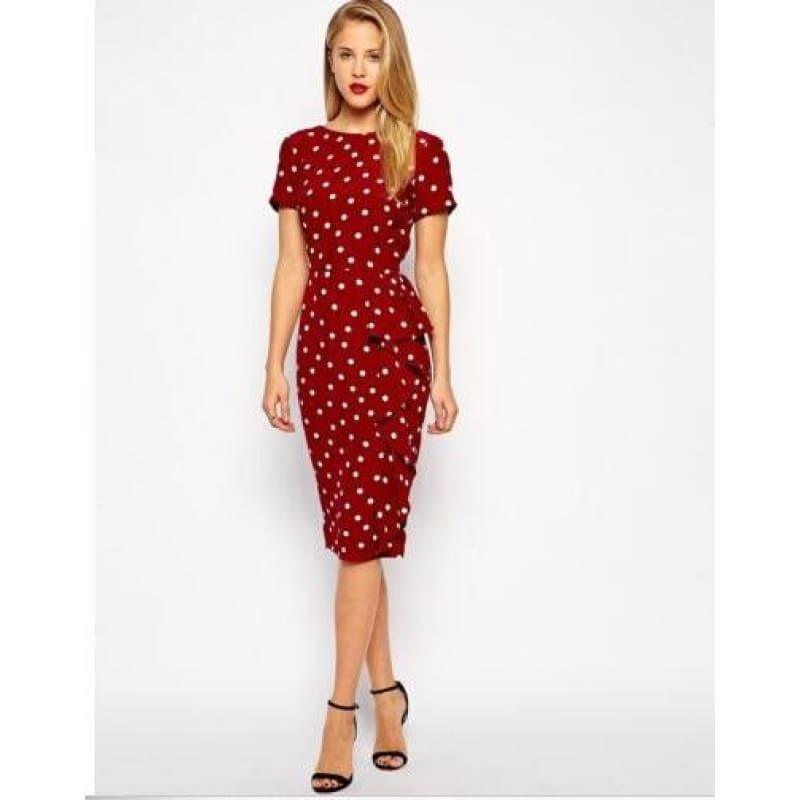Short Sleeve Wear to Work Vintage Polka Dot Pencil Midi Dress - Red dot / L - midi dress
