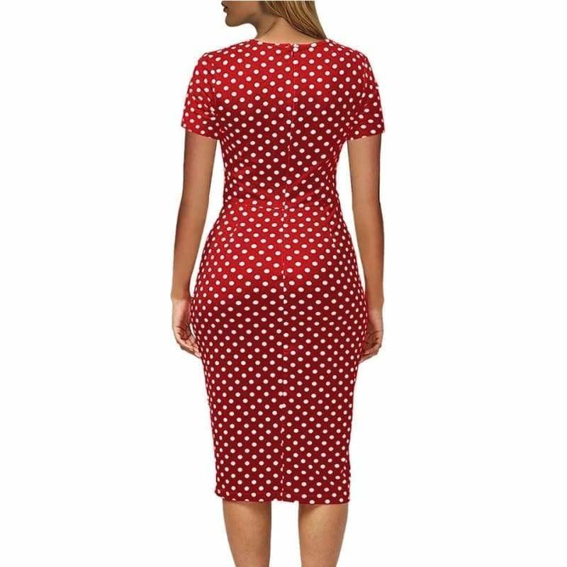 Short Sleeve Wear to Work Vintage Polka Dot Pencil Midi Dress - midi dress