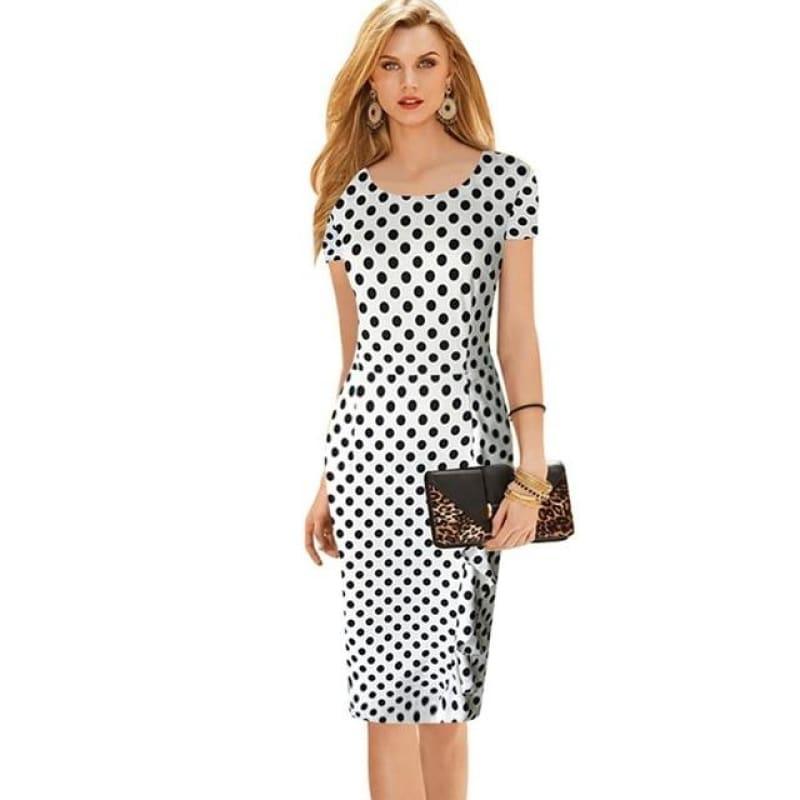 Short Sleeve Wear to Work Vintage Polka Dot Pencil Midi Dress - White dot / L - midi dress