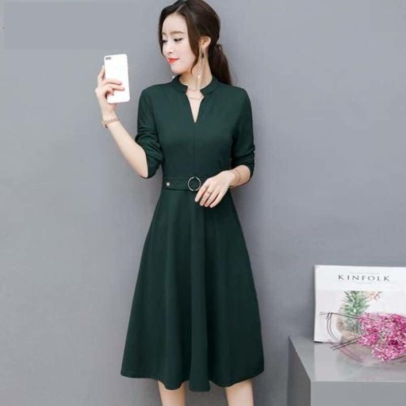 Side Pocket V Neck Vintage Slim Ladies Midi Dress - Green / L - Midi Dress