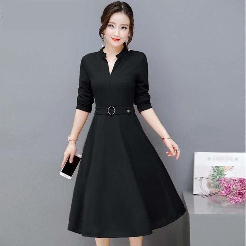 Side Pocket V Neck Vintage Slim Ladies Midi Dress - Midi Dress