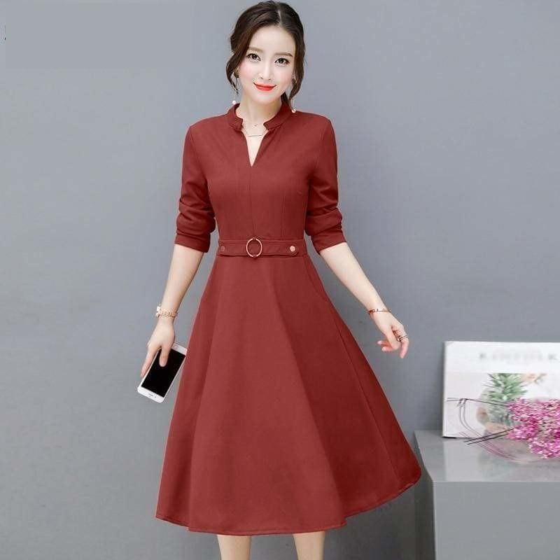 Side Pocket V Neck Vintage Slim Ladies Midi Dress - Midi Dress