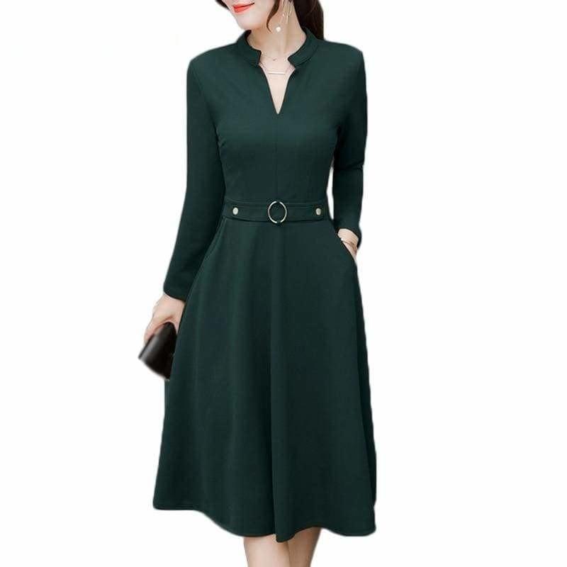 Side Pocket V Neck Vintage Slim Ladies Midi Dress - Midi Dress