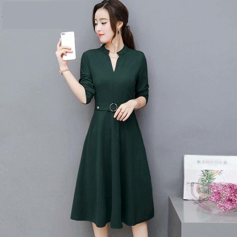 Side Pocket V Neck Vintage Slim Ladies Midi Dress - Midi Dress