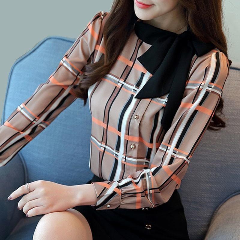 Side Shoulder Bowtie Stripped Long Sleeve Chiffon Top - Khaki / L - Long Sleeve