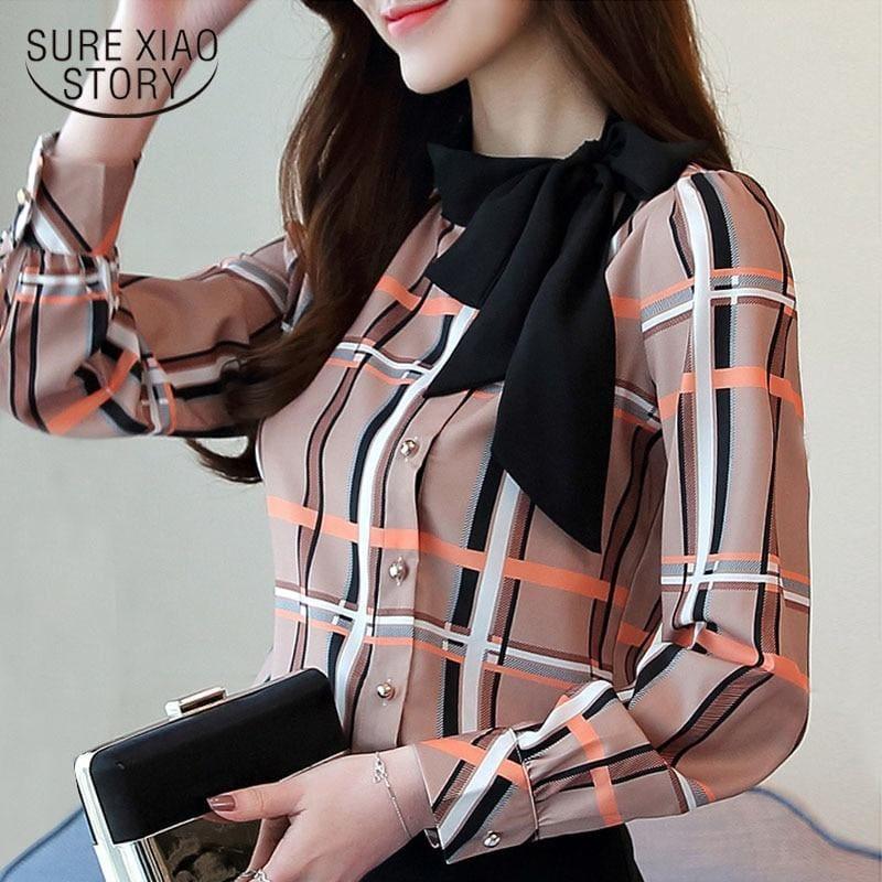 Side Shoulder Bowtie Stripped Long Sleeve Chiffon Top - Long Sleeve