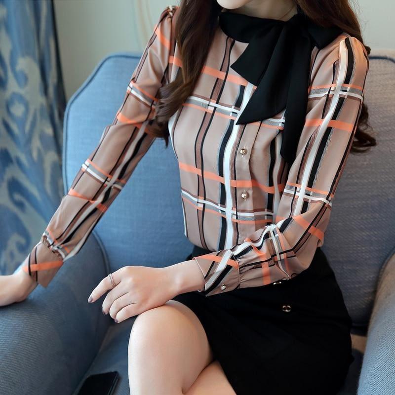 Side Shoulder Bowtie Stripped Long Sleeve Chiffon Top - Long Sleeve