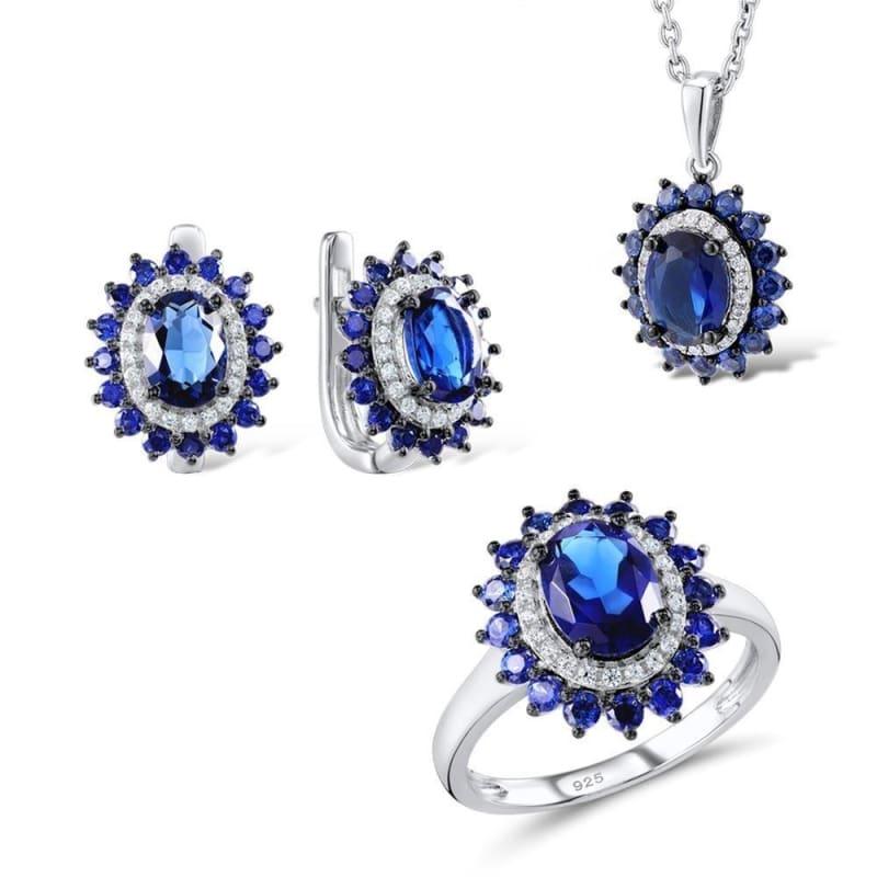 Silver Flower Jewelry Set Bridal Wedding Jewelry Set Blue CZ Stones Ring Earrings Pendant Set 925 Sterling Silver Jewelry Set - 7.25 -