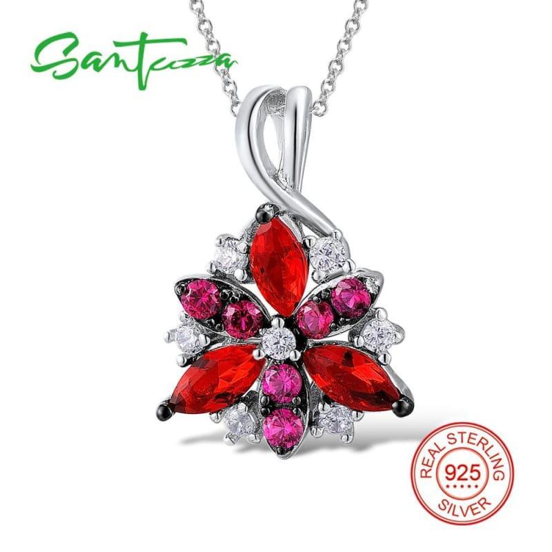 Silver Flower Red Cubic Zirconia Stones Ring Earrings Pendant Jewelry Set - jewelry set