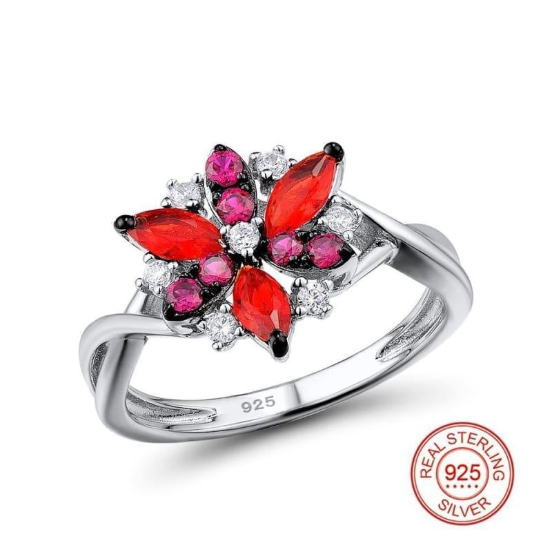Silver Flower Red Cubic Zirconia Stones Ring Earrings Pendant Jewelry Set - jewelry set