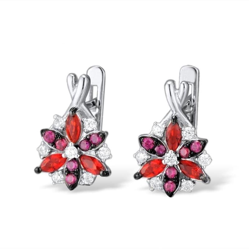 Silver Flower Red Cubic Zirconia Stones Ring Earrings Pendant Jewelry Set - jewelry set