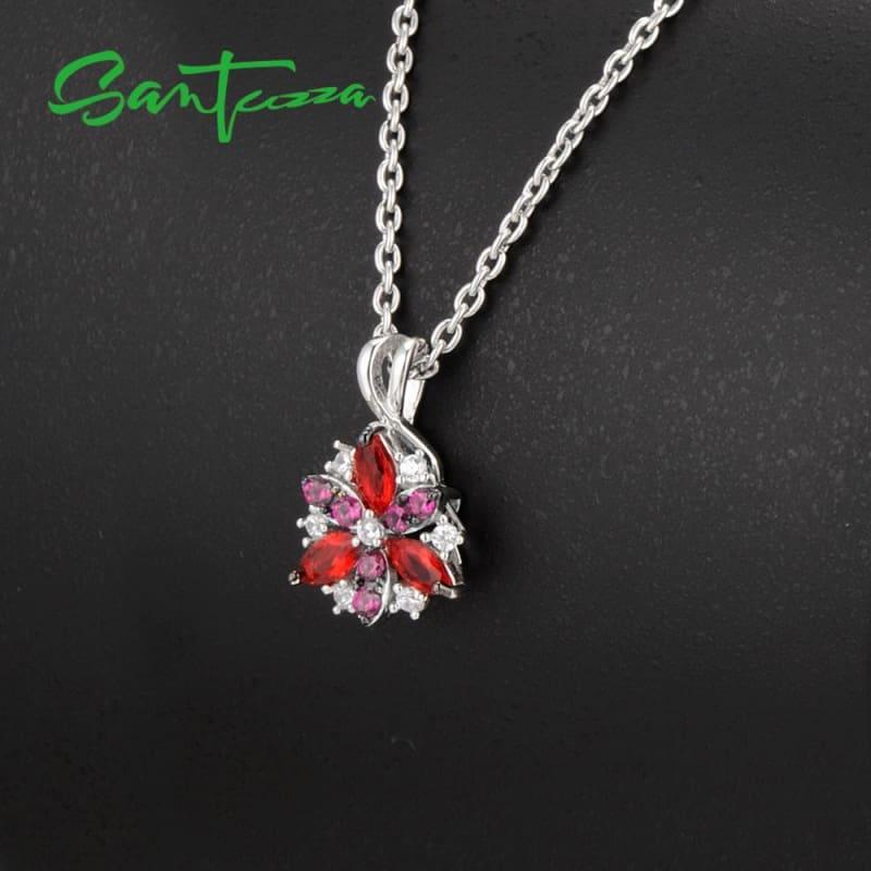 Silver Flower Red Cubic Zirconia Stones Ring Earrings Pendant Jewelry Set - jewelry set