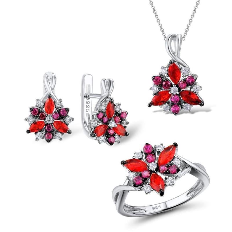 Silver Flower Red Cubic Zirconia Stones Ring Earrings Pendant Jewelry Set - jewelry set