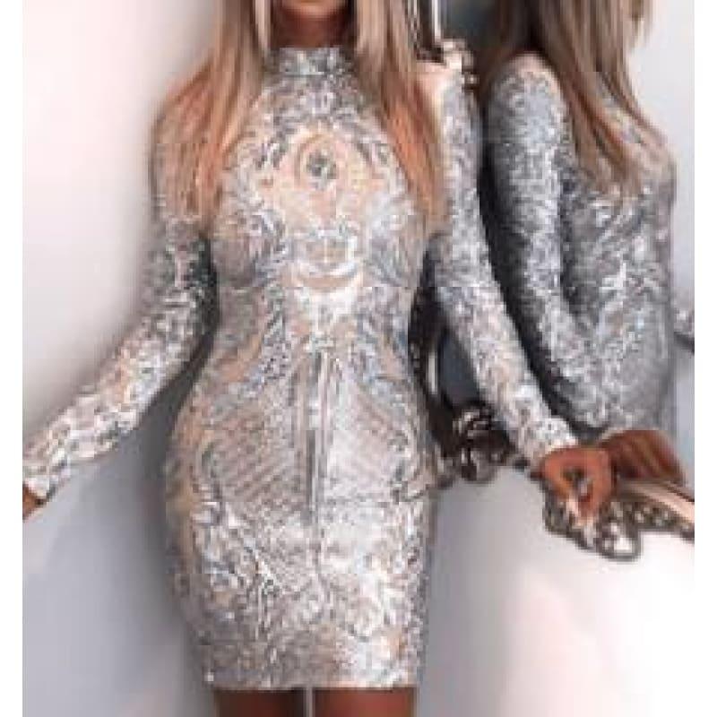 Silver High Neck Long Sleeve Sequin Elegant Party Mini Dress - Silver / L - mini dress