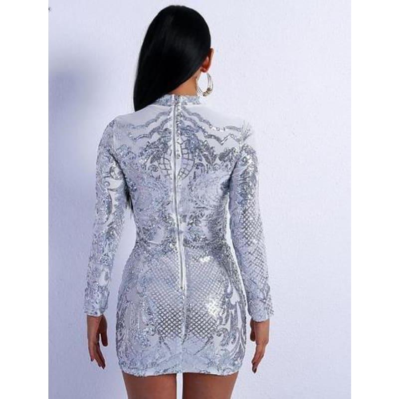 Silver High Neck Long Sleeve Sequin Elegant Party Mini Dress - mini dress
