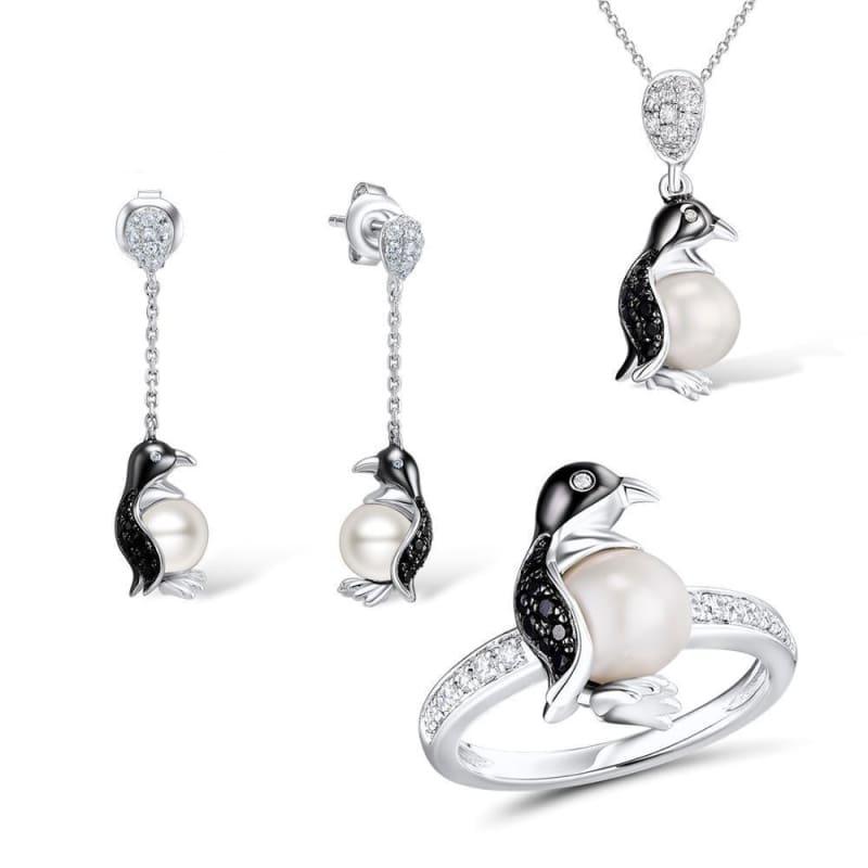 Silver Penguin Fresh Water White Pearl Ring Earrings Pendant Set 925 Sterling Silver Fashion Jewelry Set - jewelry set