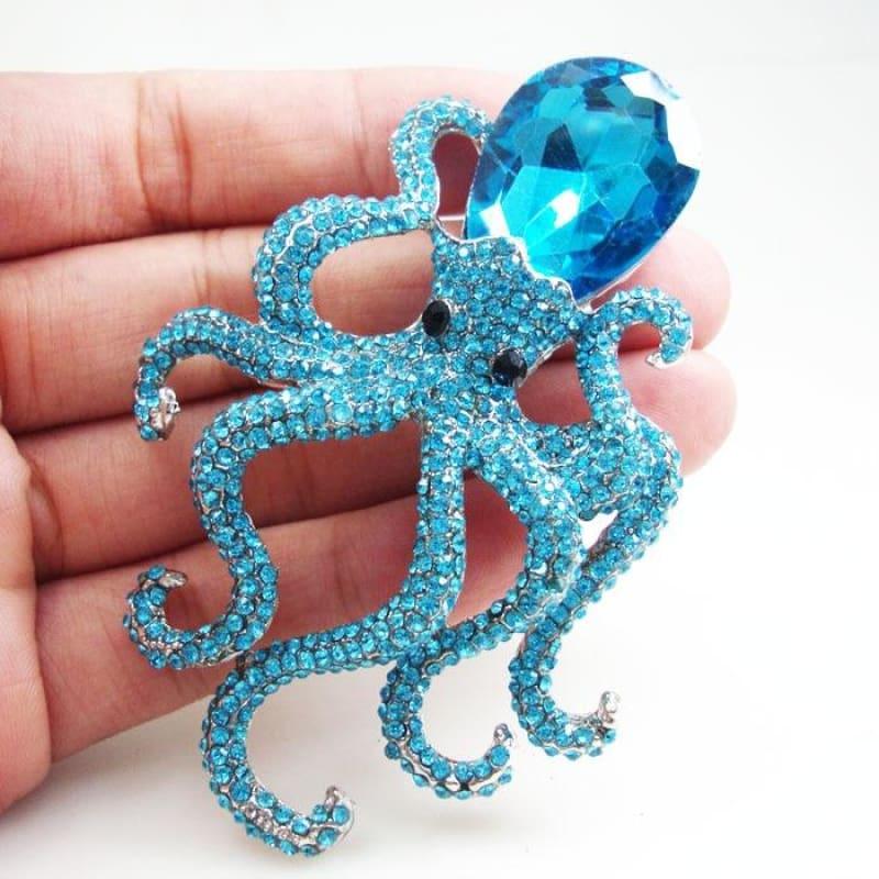 Silver Tone Unique Blue Octopus Pendant Brooch Pins Rhinestone Crystal Animal Very beautiful unique girl - Default title - Brooch