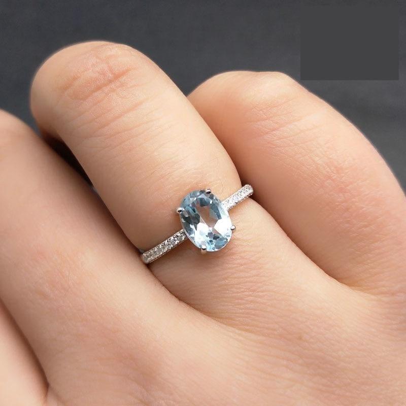 Simple and Classic 1.2ct Natural Sky Blue Topaz 6*8mm Gemstone Ring - rings