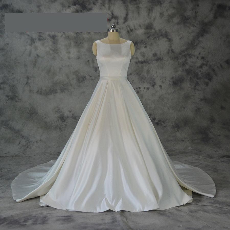 Simple and Elegant Satin Dress with Pocket Classic Wedding Gown - TeresaCollections
