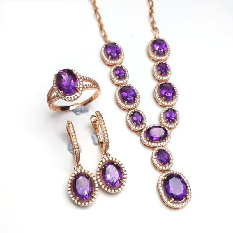 Simple Classic Amethyst Gemstone Necklace Ring Earring Jewelry Set - natural amethyst / 7 - Jewelry set