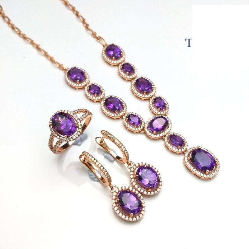 Simple Classic Amethyst Gemstone Necklace Ring Earring Jewelry Set - Jewelry set