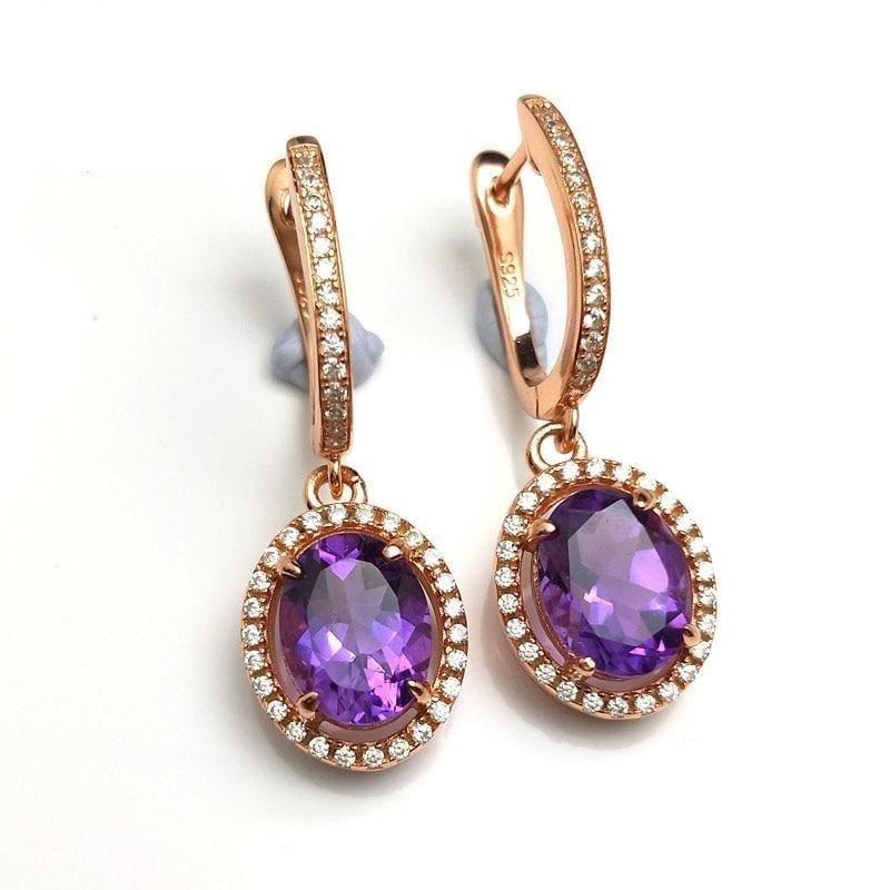 Simple Classic Amethyst Gemstone Necklace Ring Earring Jewelry Set - Jewelry set