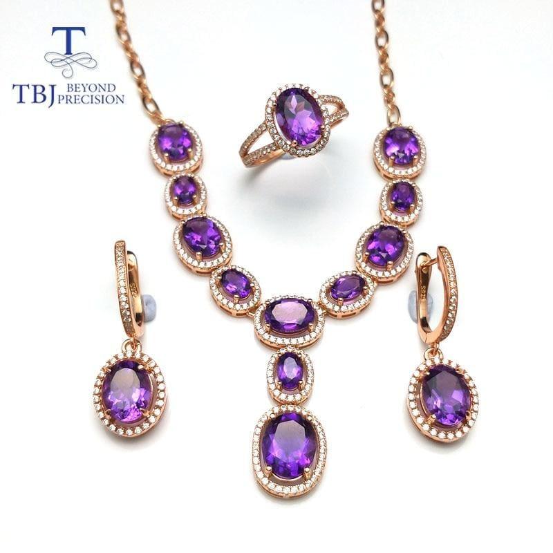 Simple Classic Amethyst Gemstone Necklace Ring Earring Jewelry Set - Jewelry set