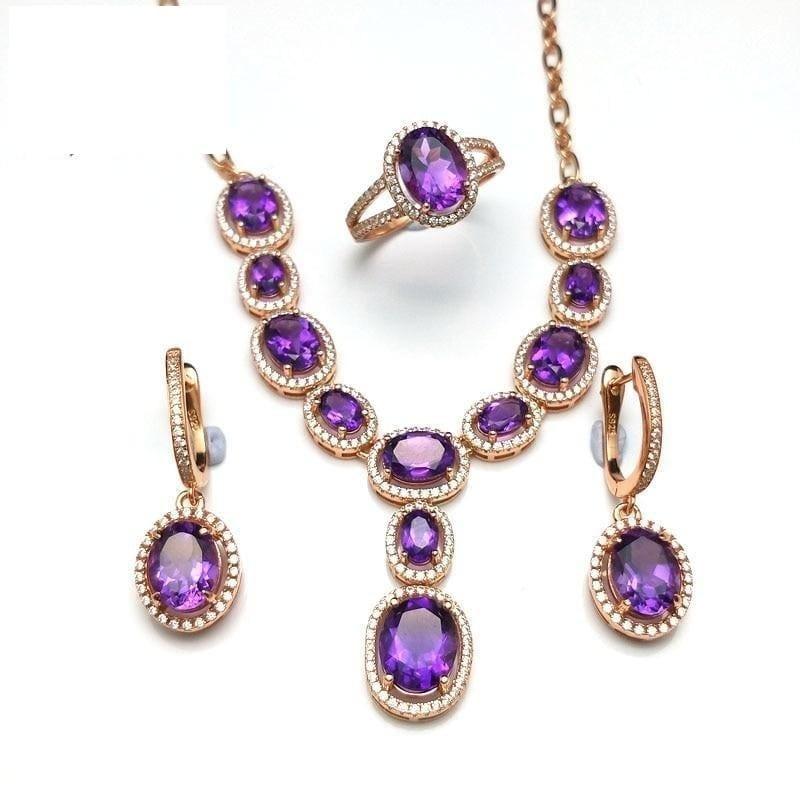 Simple Classic Amethyst Gemstone Necklace Ring Earring Jewelry Set - Jewelry set