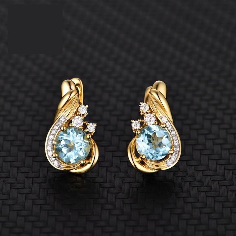 Simple Sky Blue Topaz Round 7.0mm Natural Gemstone Clasp Earrings - Earrings
