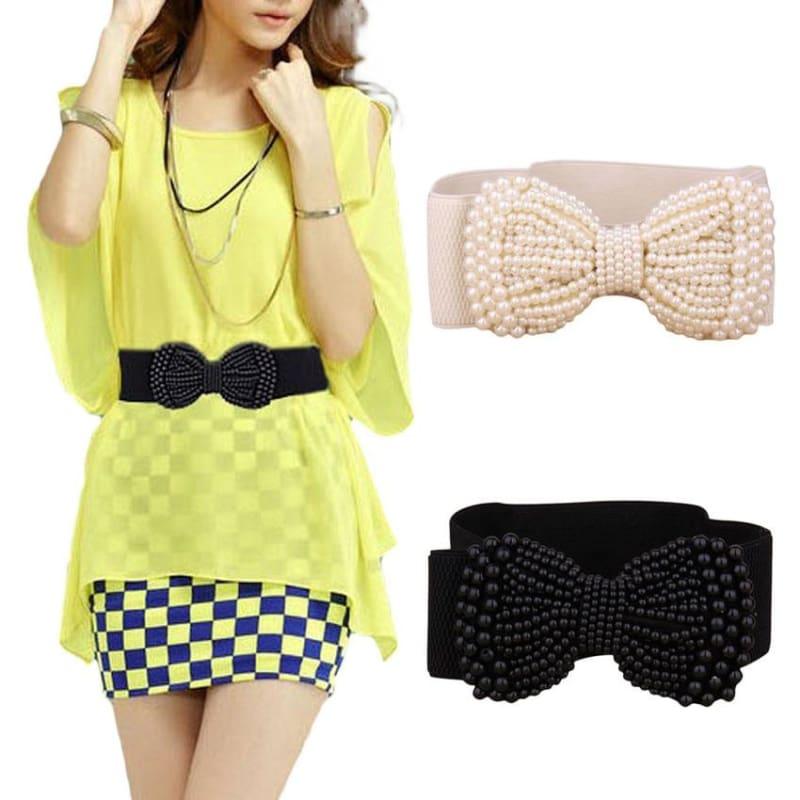 Simulated Pearl Wide Bow Knot Belt - Belt