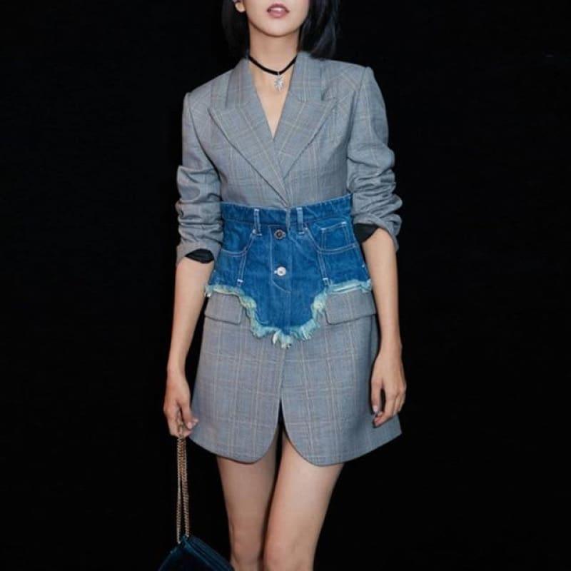 Singe Button Plaid With Denim Wide Belt Long Sleeve Slim Tunic High Waist Streetwear Blazer - Gray Blazer / L - Blazer