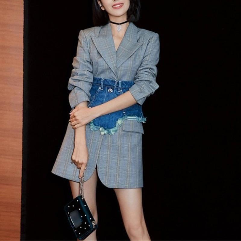 Singe Button Plaid With Denim Wide Belt Long Sleeve Slim Tunic High Waist Streetwear Blazer - Blazer