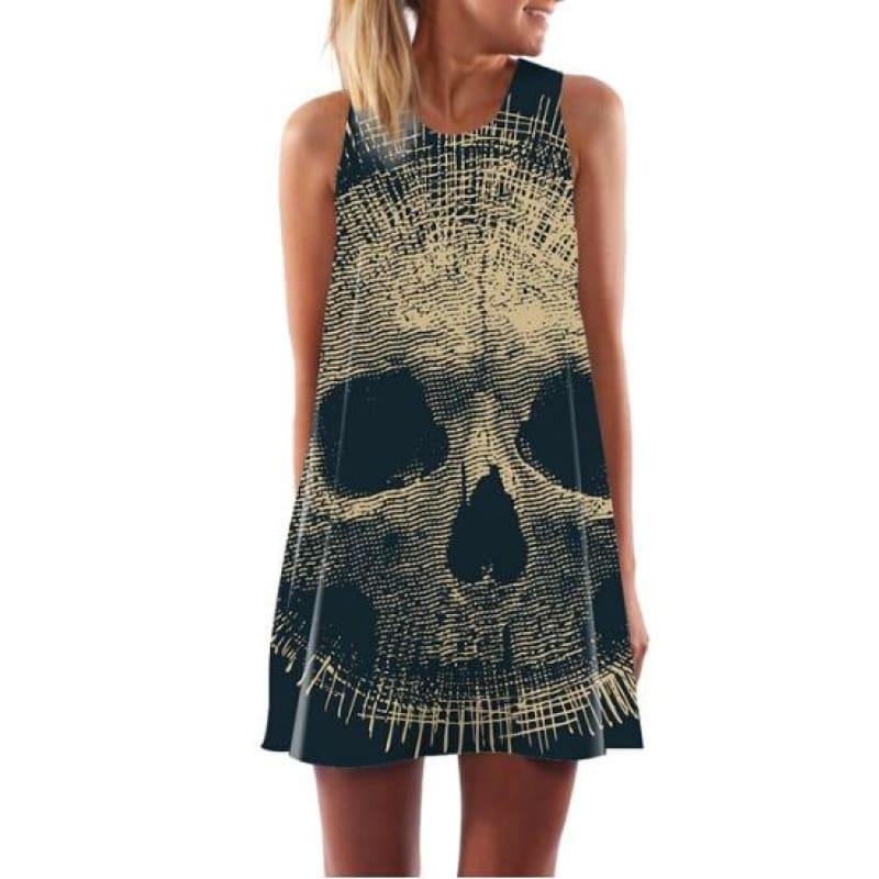 Skull Dress Sleeveless Summer Beach Mini Dress - S - Min Dress