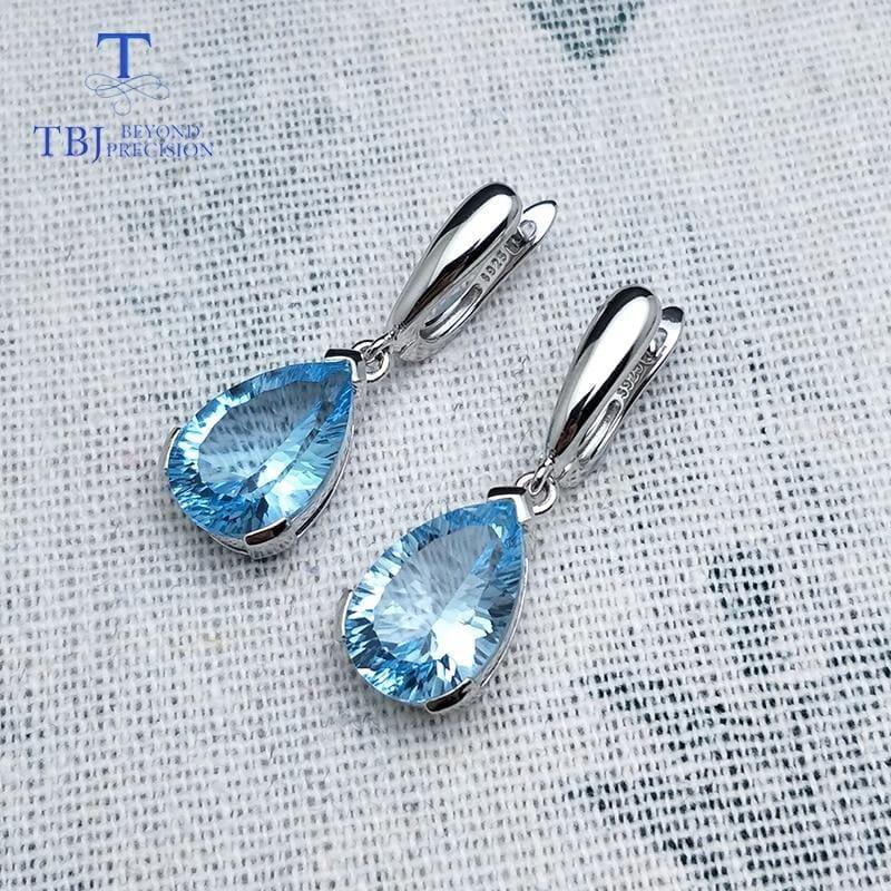 Sky Blue Topaz Concave Cut 13ct Water Drop Clasp 925 Sterling Silver Earrings - Earrings