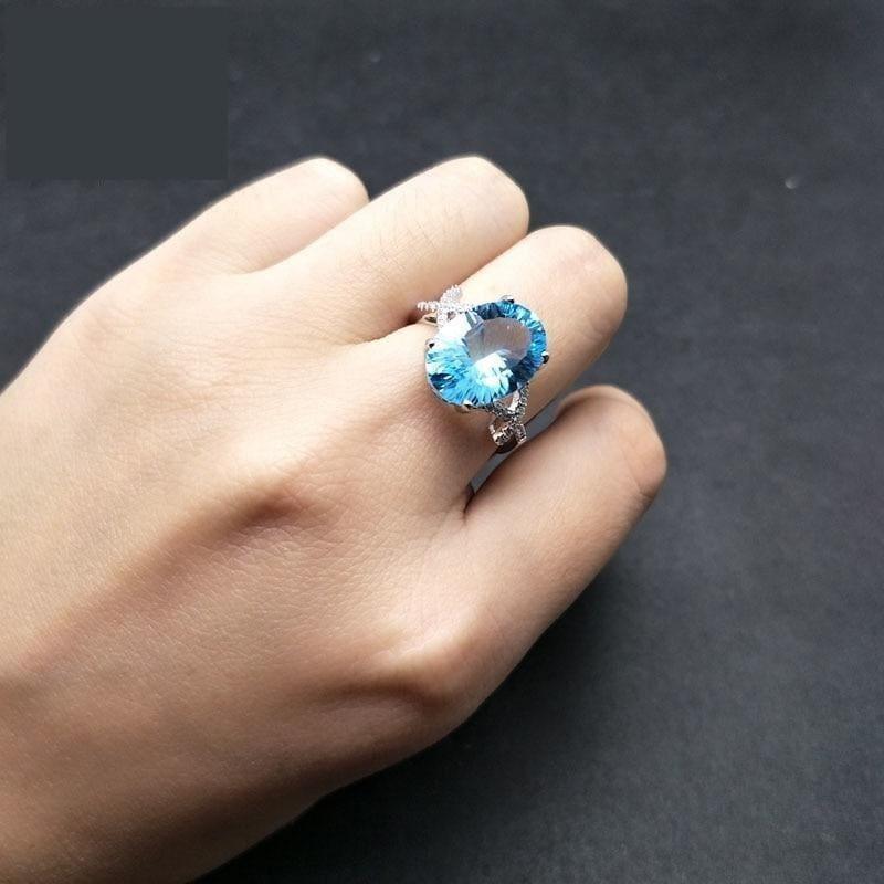 Sky Blue Topaz Oval 10*14mm Concave Cut Simple Gemstone Ring - Rings