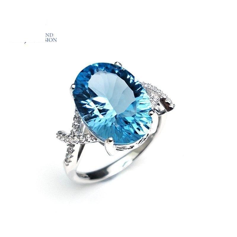 Sky Blue Topaz Oval 10*14mm Concave Cut Simple Gemstone Ring - Rings