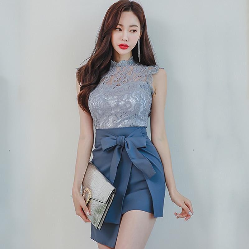 Sleeveless Lace Bowknot Irregular Mini Skirt Two Piece Dress Suit - Set