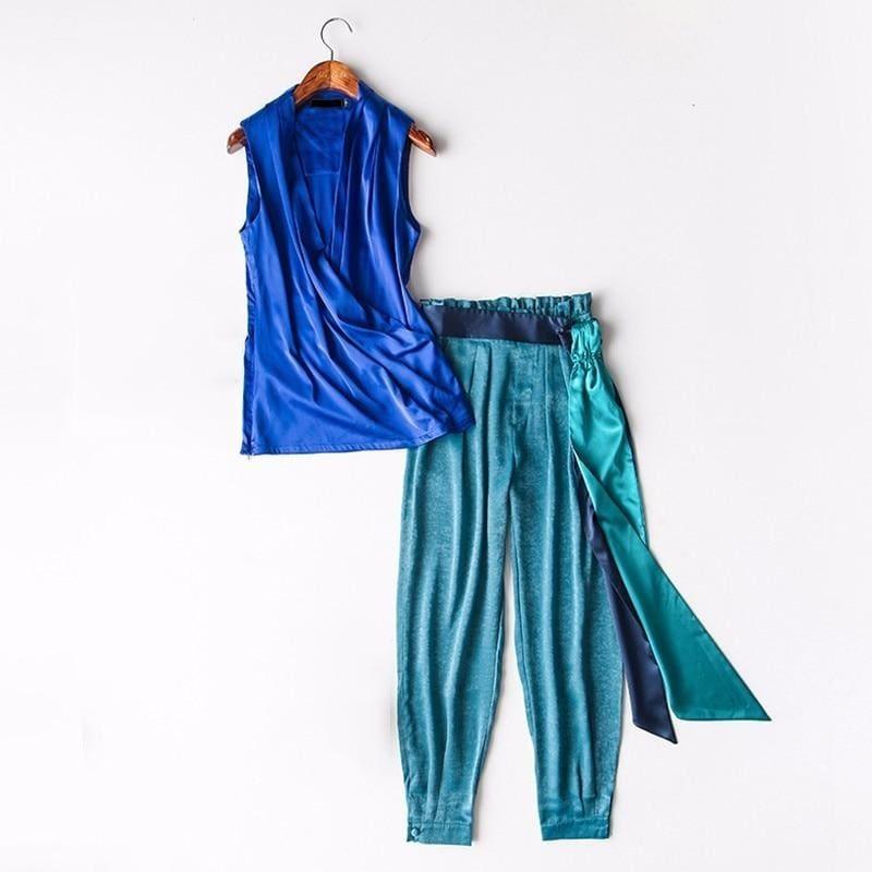 Sleeveless Tops Turnip Pants Two Piece V Neck High Waist Lace Suits Set - As Picture Set / L - Jumpsuit
