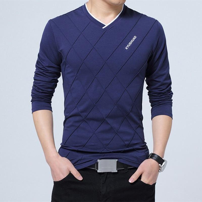 Slim Fit Long Stylish Luxury V Neck Fitness Long Sleeve Mens T-shirt - Blue / Asian Size 4XL - Men Sweater