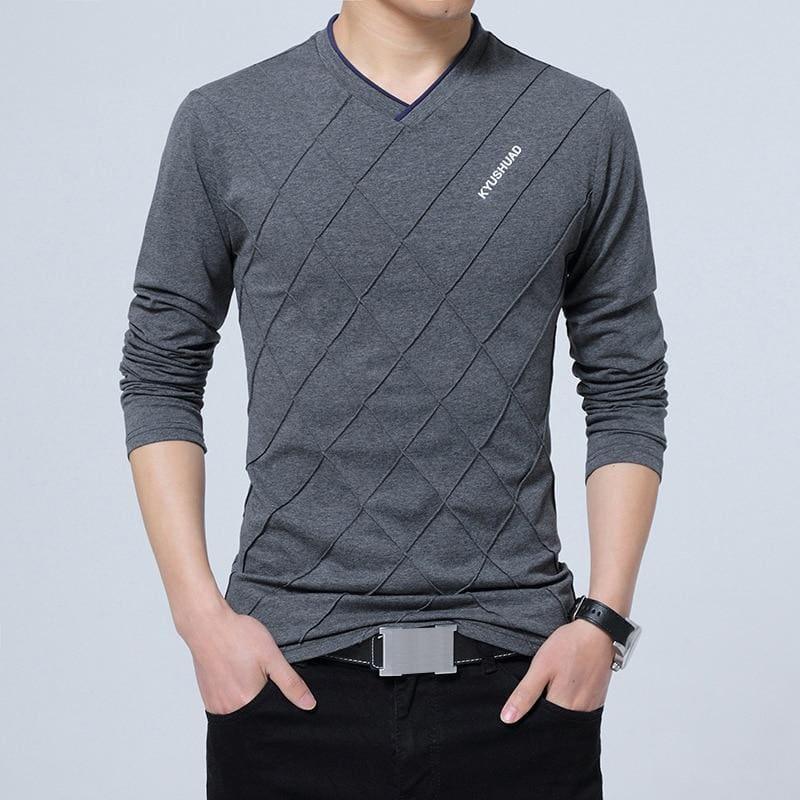 Slim Fit Long Stylish Luxury V Neck Fitness Long Sleeve Mens T-shirt - Dark Grey / Asian Size 4XL - Men Sweater