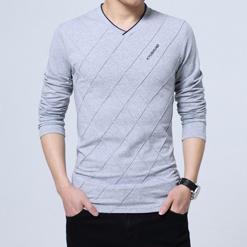 Slim Fit Long Stylish Luxury V Neck Fitness Long Sleeve Mens T-shirt - Gray / Asian Size 4XL - Men Sweater