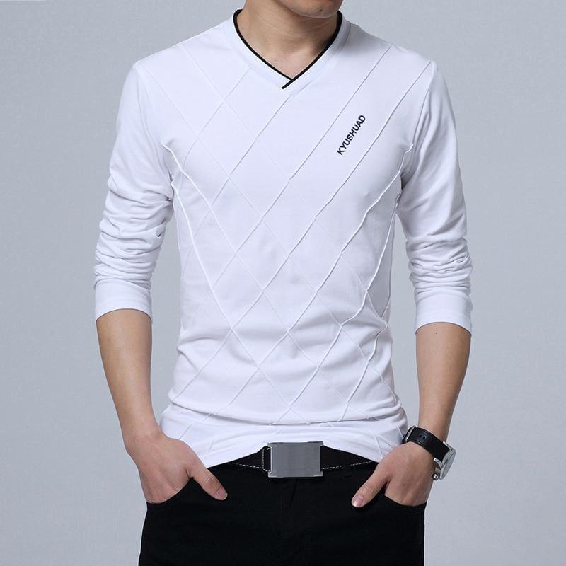 Slim Fit Long Stylish Luxury V Neck Fitness Long Sleeve Mens T-shirt - White / Asian Size 4XL - Men Sweater