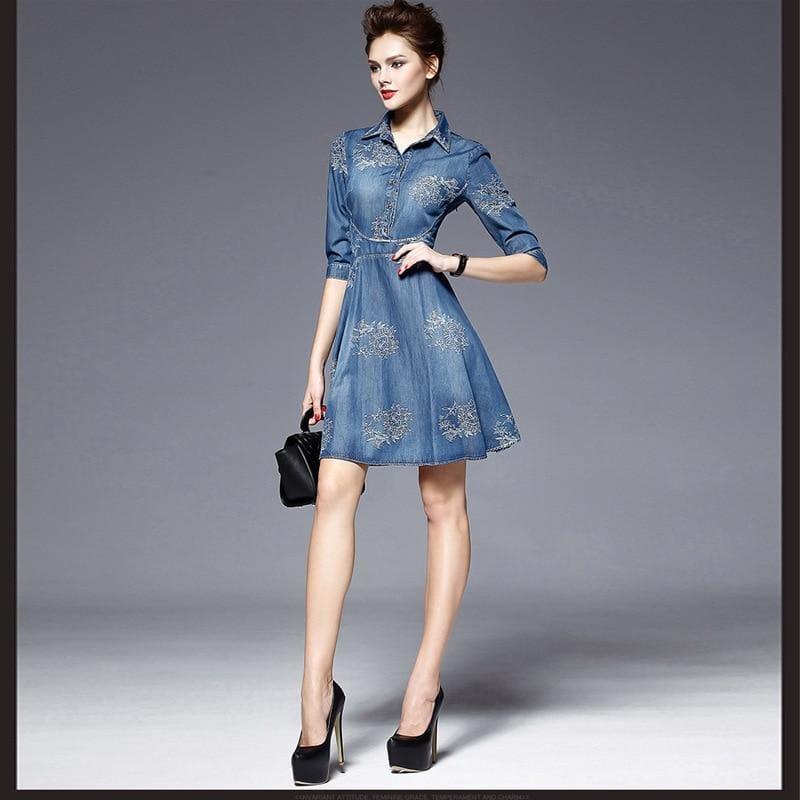 Slim V Neck Jeans Embroidered Party Woman Denim Mini Dress - Blue / 4XL - mini dress