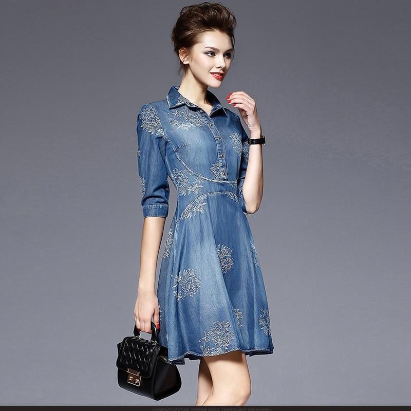 Slim V Neck Jeans Embroidered Party Woman Denim Mini Dress - mini dress
