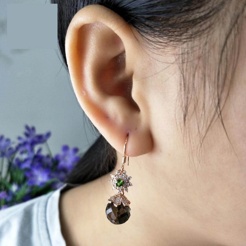 Smoky Quatz and Tourmaline Real Gemstone Hook Earrings - earrings