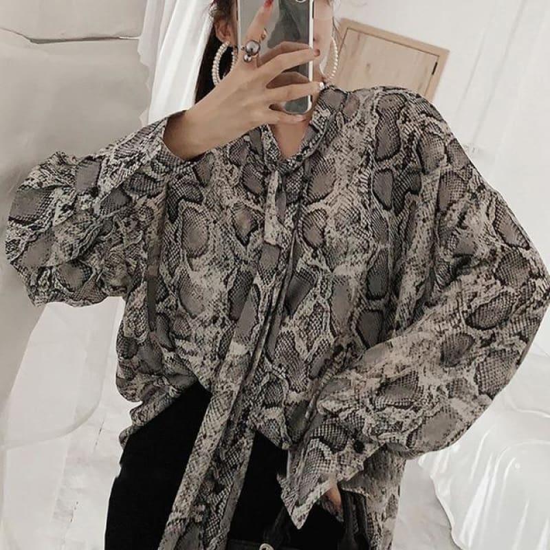 Snake Printed Chiffon Shirt Long Sleeve Blouse - Khaki / One Size - long sleeve