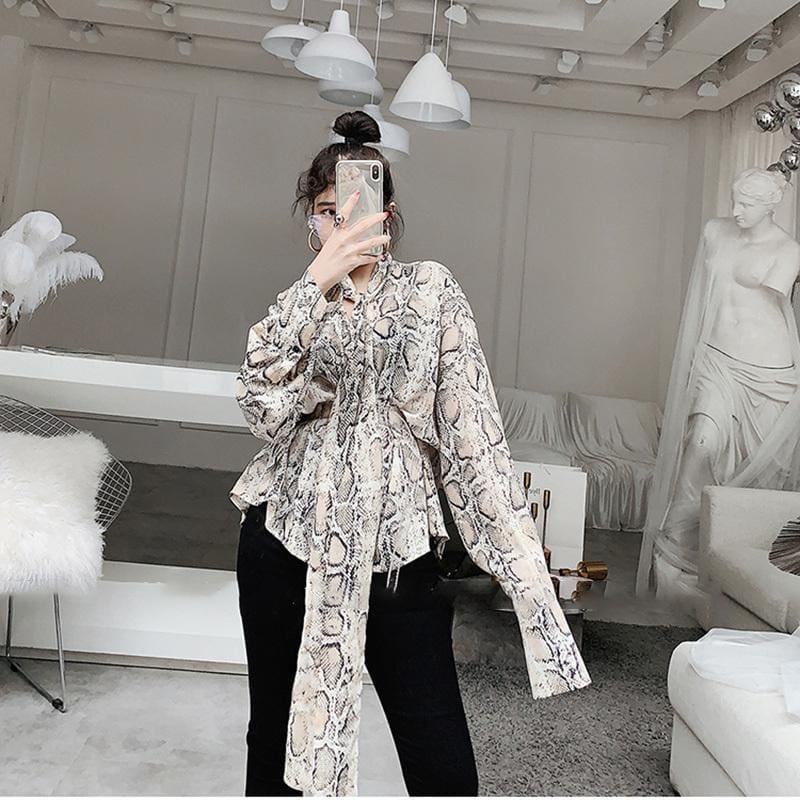 Snake Printed Chiffon Shirt Long Sleeve Blouse - long sleeve