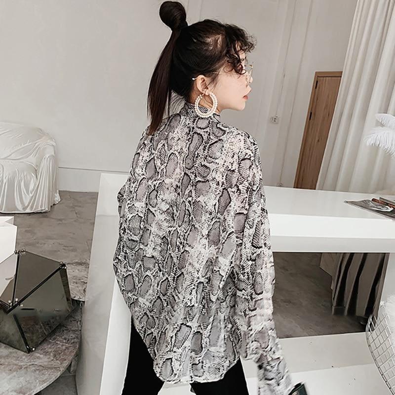 Snake Printed Chiffon Shirt Long Sleeve Blouse - long sleeve